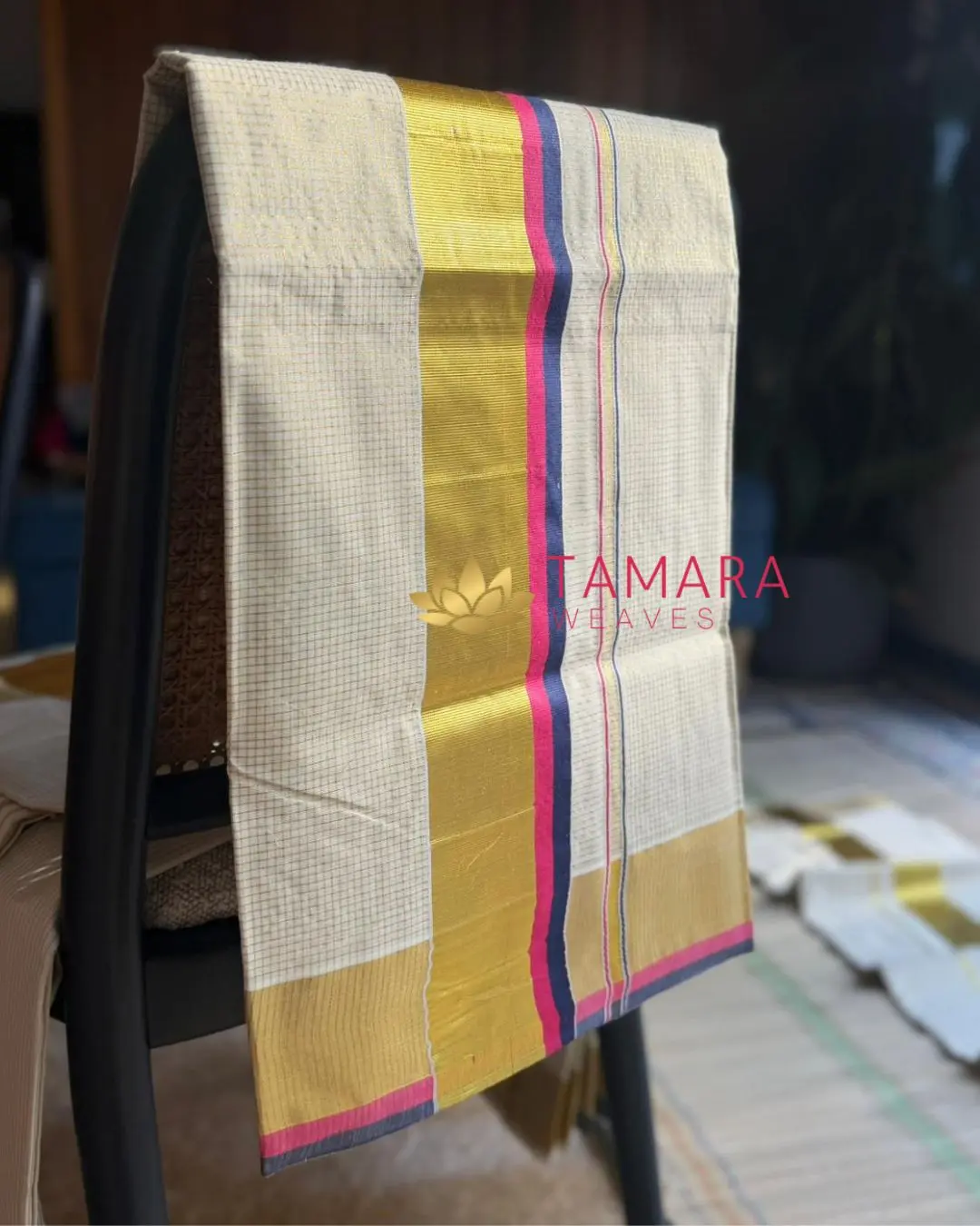 PNCHECKS Kerala Kasavu Cotton Saree – Pink & Navy with Gold Zari Checks in Australia