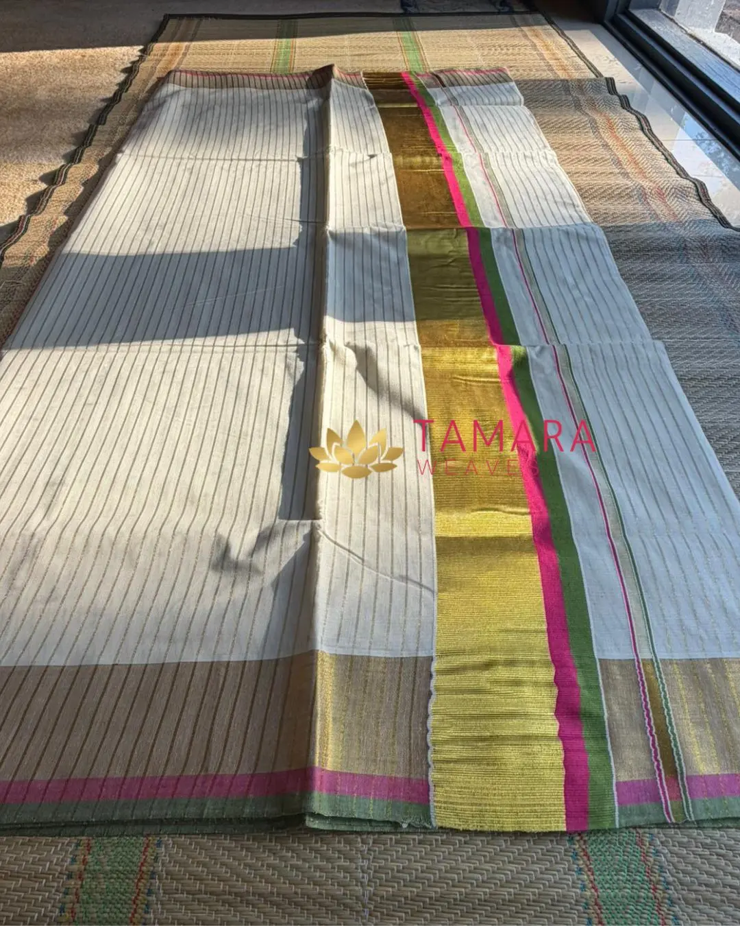 PGSTRIPE Tamara Kerala Kasavu Cotton Saree – Pink and Green Kara with Gold Zari Stripes in Australia - Image 3