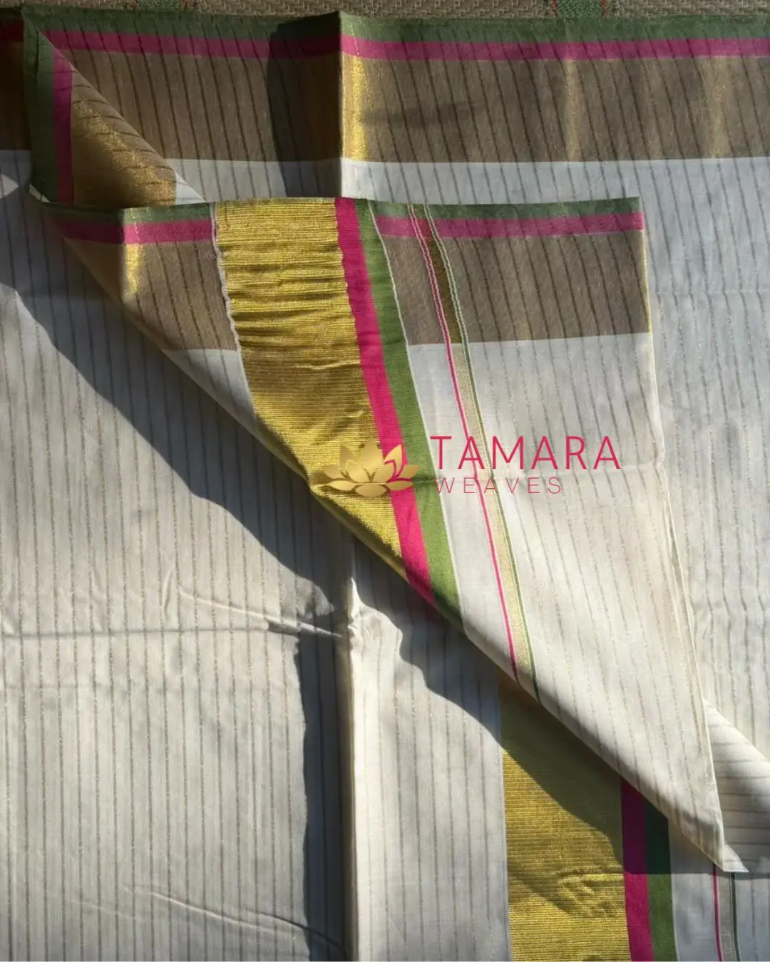 PGSTRIPE Tamara Kerala Kasavu Cotton Saree – Pink and Green Kara with Gold Zari Stripes in Australia - Image 2