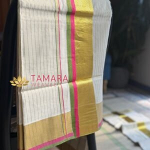 PGSTRIPE Tamara Kerala Kasavu Cotton Saree – Pink and Green Kara with Gold Zari Stripes in Australia