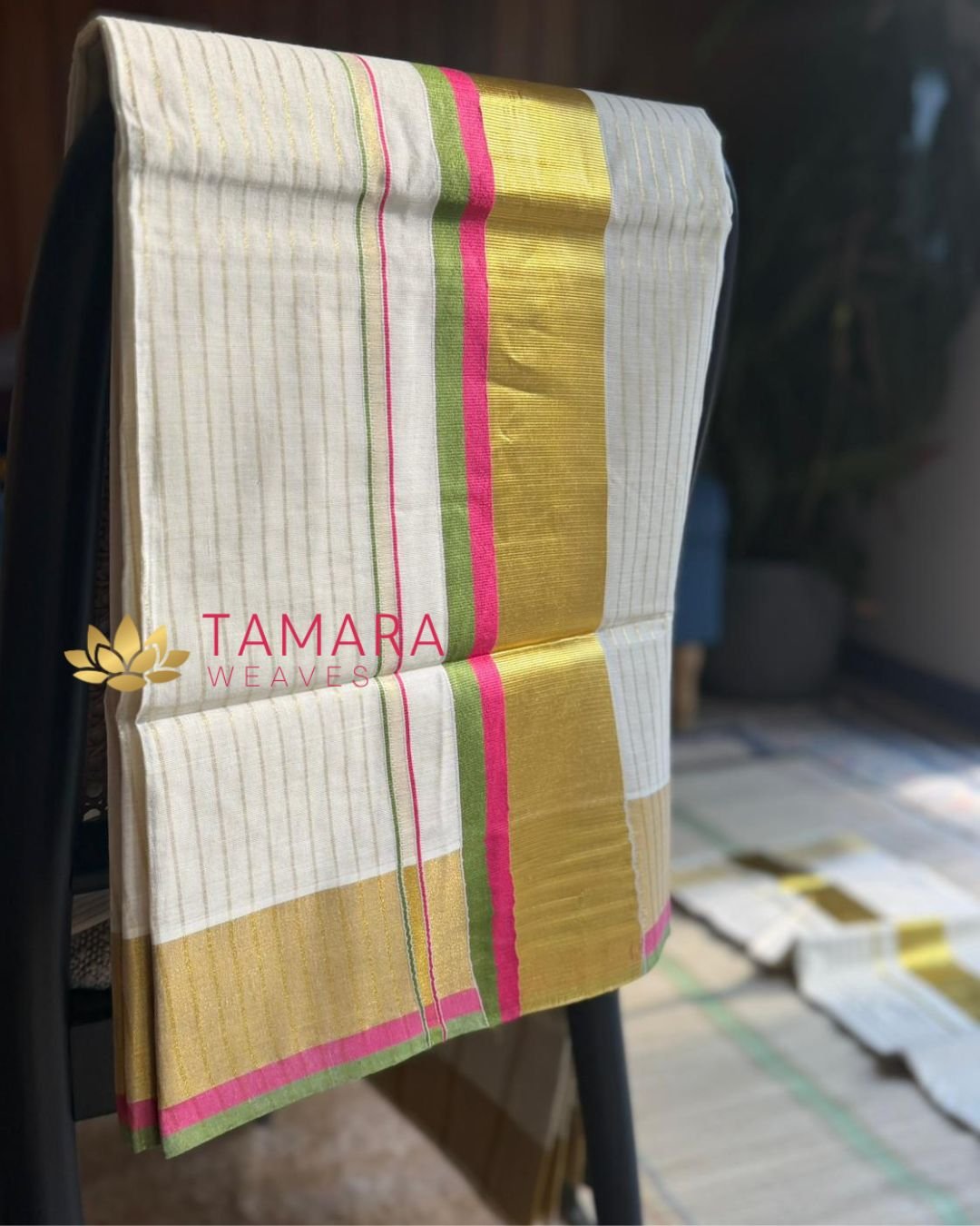 PGSTRIPE Tamara Kerala Kasavu Cotton Saree – Pink and Green Kara with Gold Zari Stripes in Australia