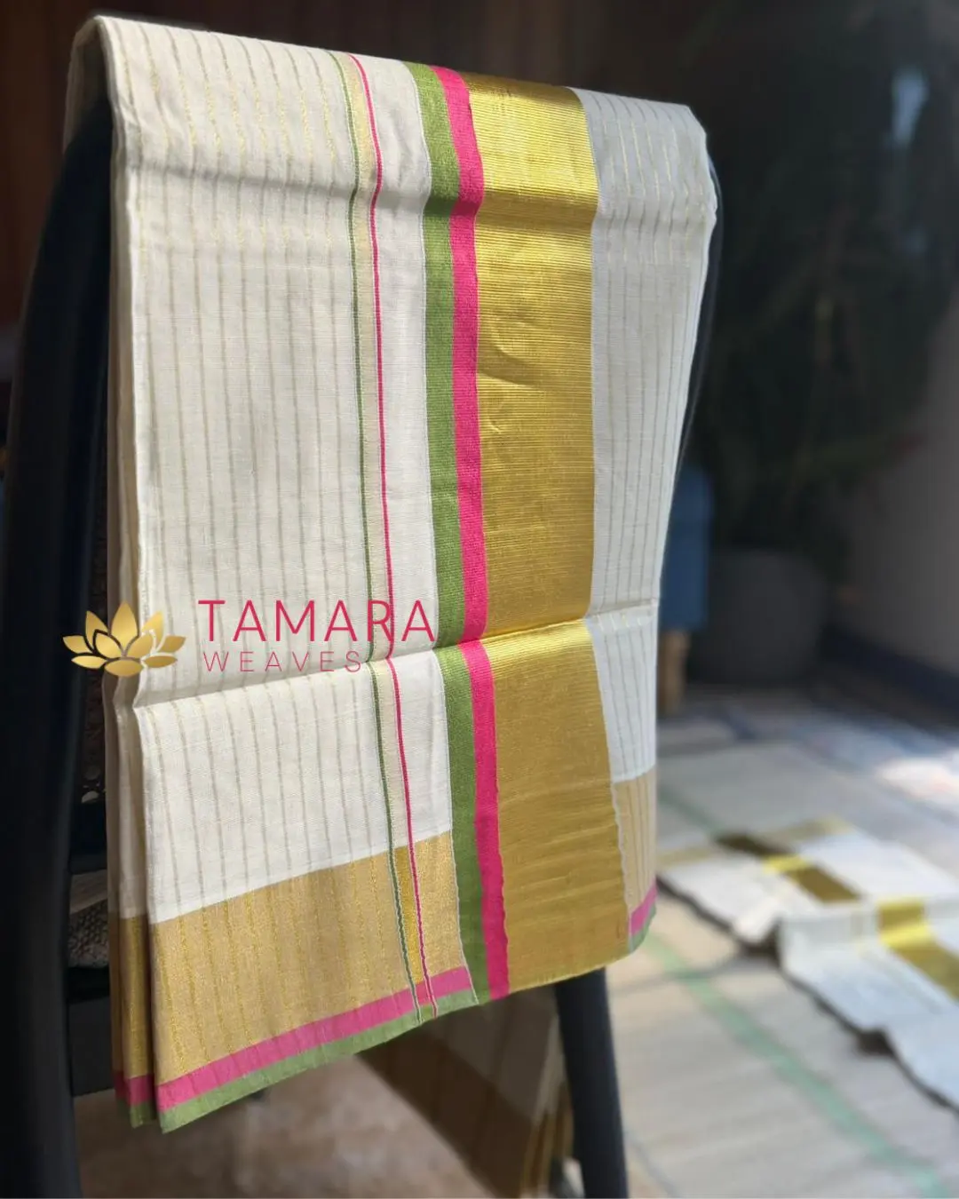 PGSTRIPE Tamara Kerala Kasavu Cotton Saree – Pink and Green Kara with Gold Zari Stripes in Australia