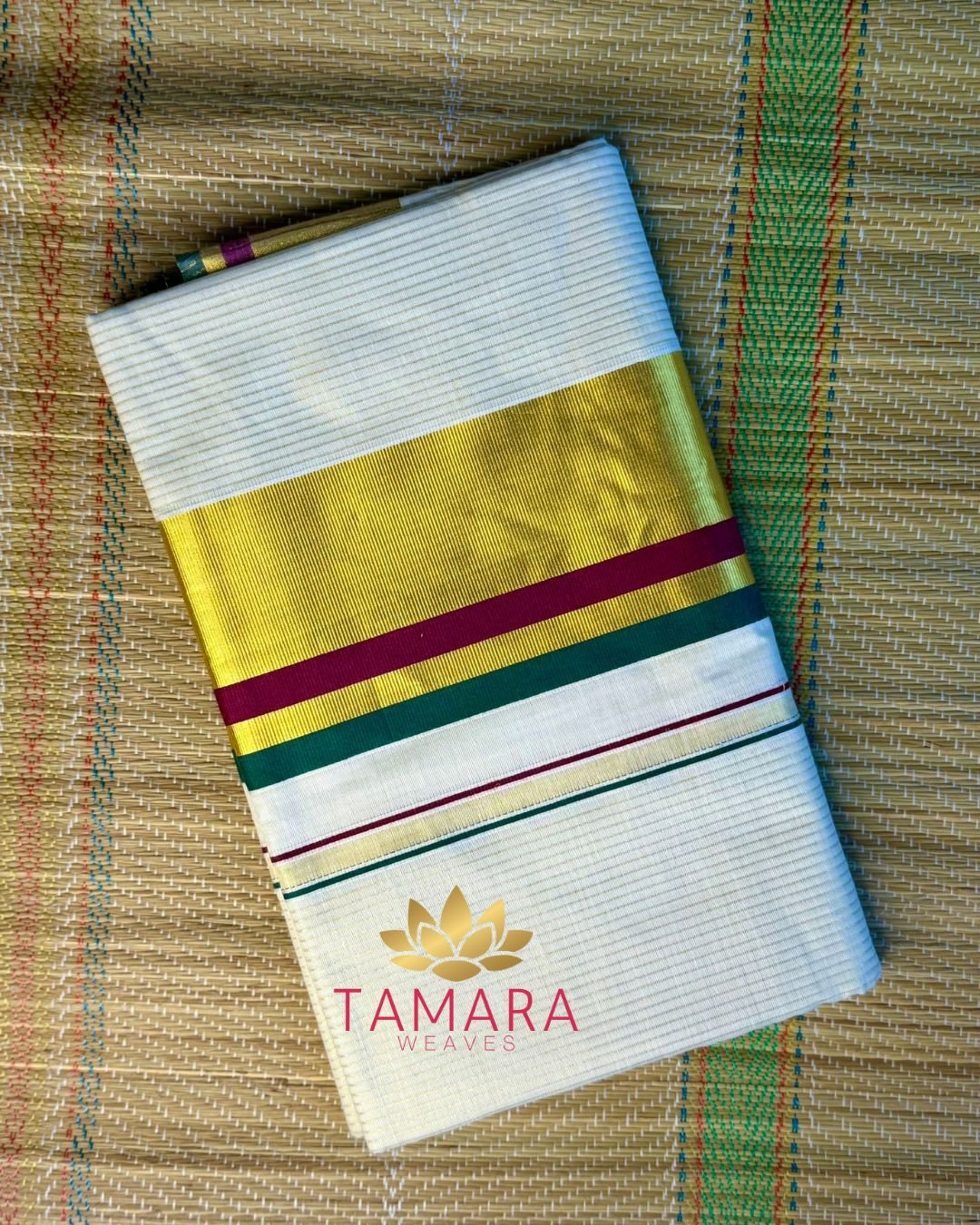 GMSTRIPE Kerala Kasavu Cotton Saree – Maroon & Green Kara with Gold Zari Stripes in Australia - Image 3
