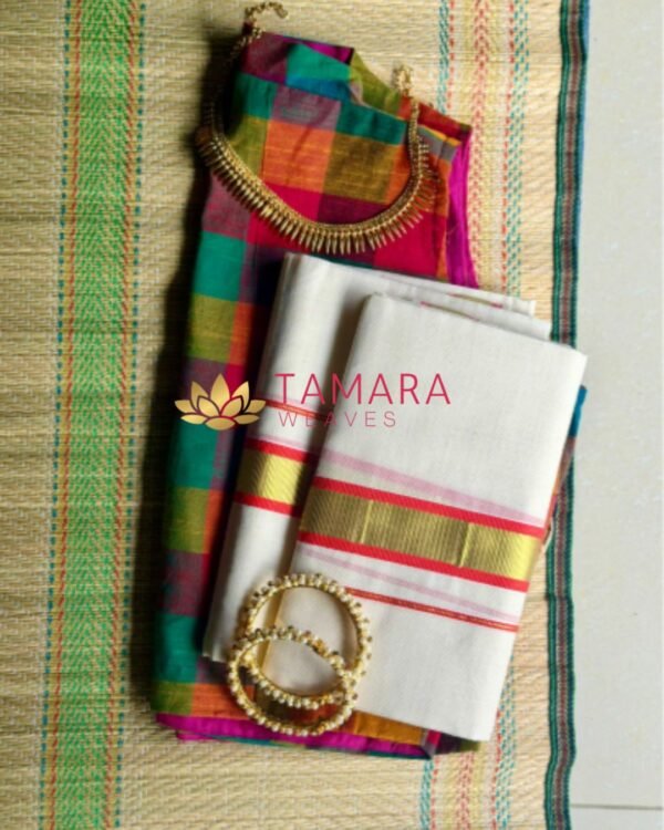 Orange kara and gold kasavu set mundu in Australia
