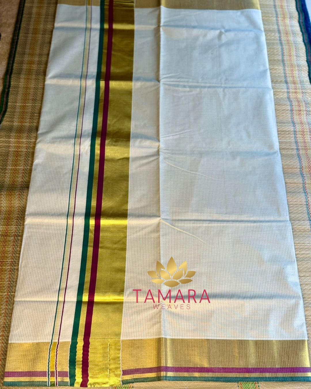 GMSTRIPE Kerala Kasavu Cotton Saree – Maroon & Green Kara with Gold Zari Stripes in Australia - Image 2