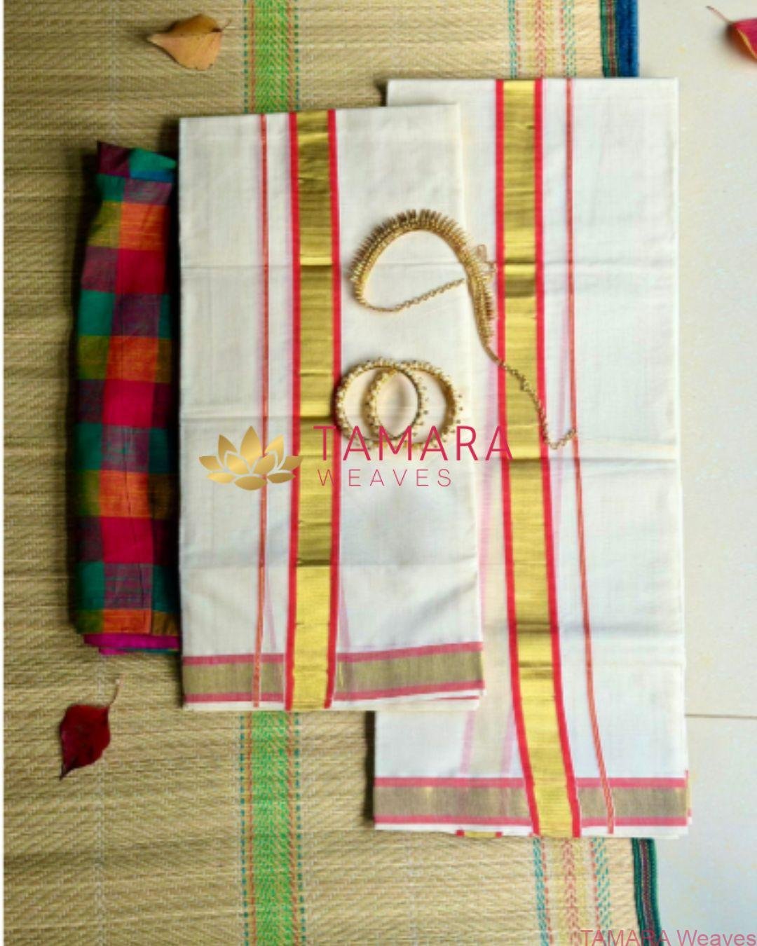 Orange kara and gold kasavu set mundu in Australia - Image 2