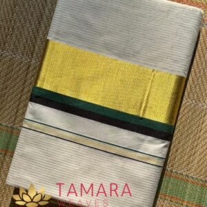 GBSTRIPE Tamara Kerala Kasavu Cotton Saree – Green & Black Kara with Gold Zari Stripes in Australia