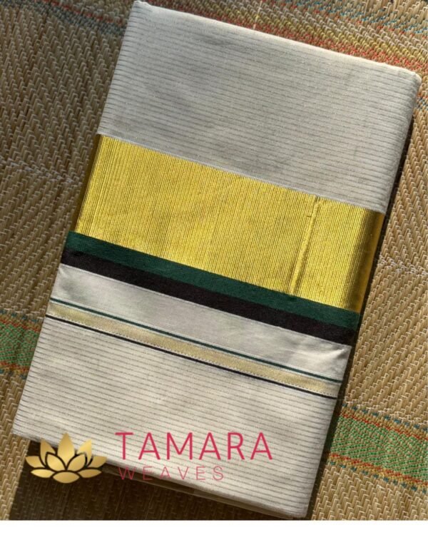 GBSTRIPE Tamara Kerala Kasavu Cotton Saree – Green & Black Kara with Gold Zari Stripes in Australia