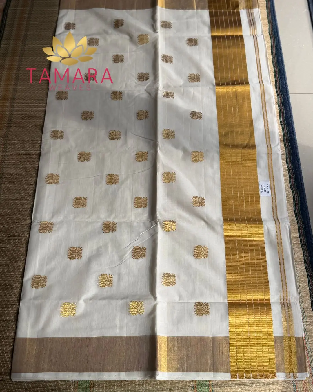 Tamara Premium handloom lotus motif cotton saree - KAMALA Gold Lotus - Image 2