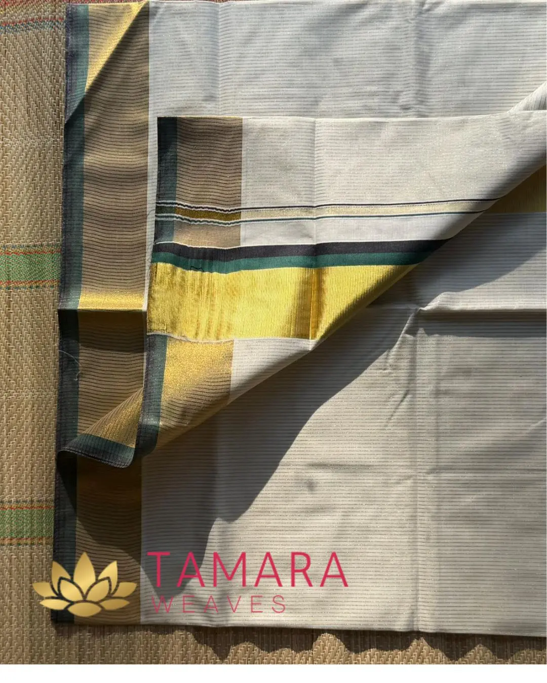 GBSTRIPE Tamara Kerala Kasavu Cotton Saree – Green & Black Kara with Gold Zari Stripes in Australia - Image 4