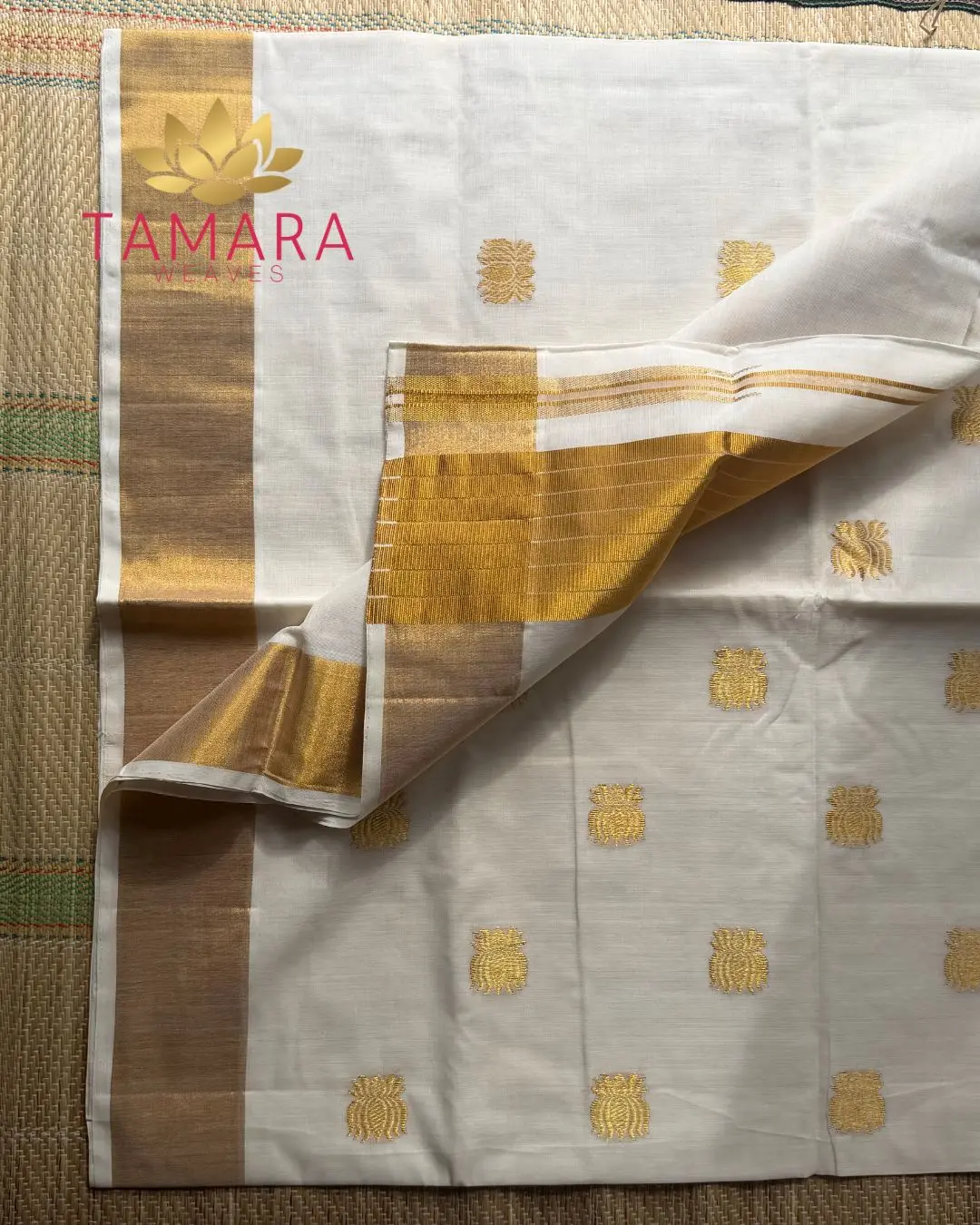 Tamara Premium handloom lotus motif cotton saree - KAMALA Gold Lotus - Image 3