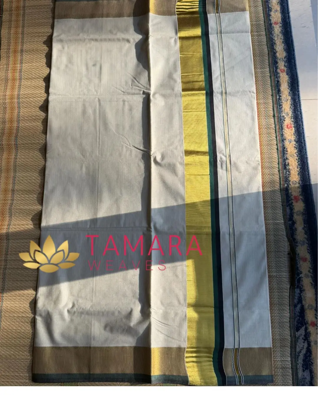 GBSTRIPE Tamara Kerala Kasavu Cotton Saree – Green & Black Kara with Gold Zari Stripes in Australia - Image 3