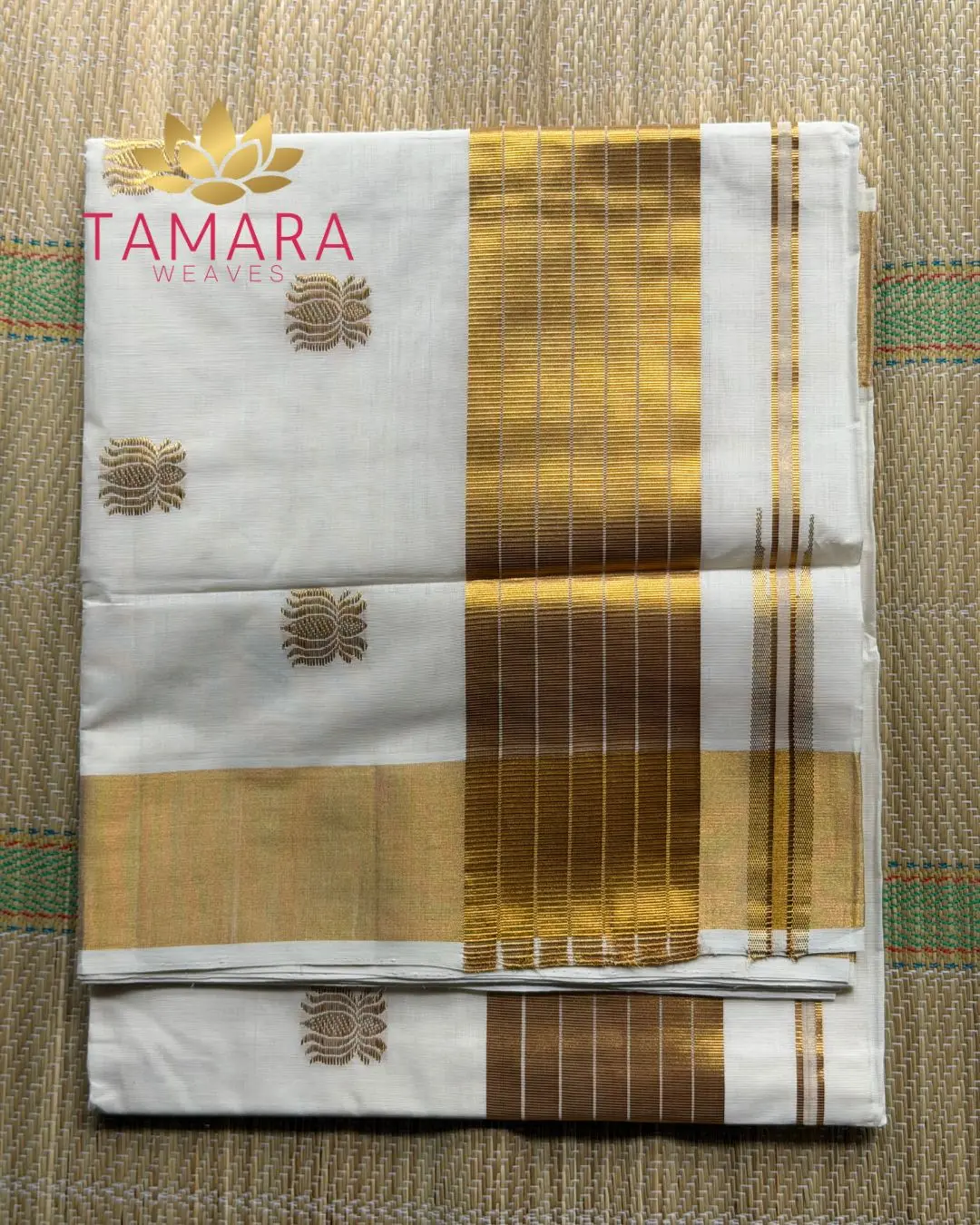 Tamara Premium handloom lotus motif cotton saree - KAMALA Gold Lotus