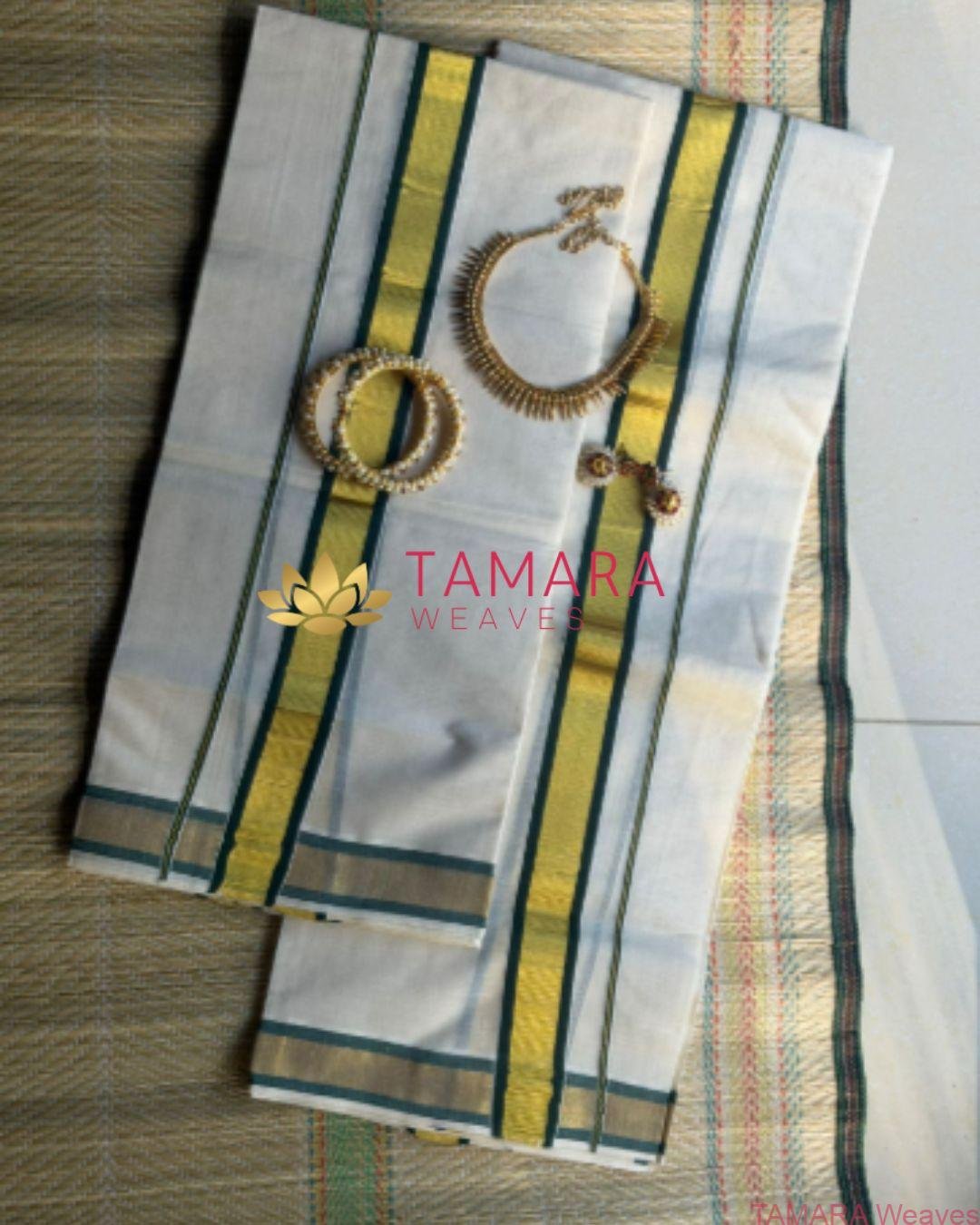 Green kara and gold kasavu set mundu in Australia - Image 3