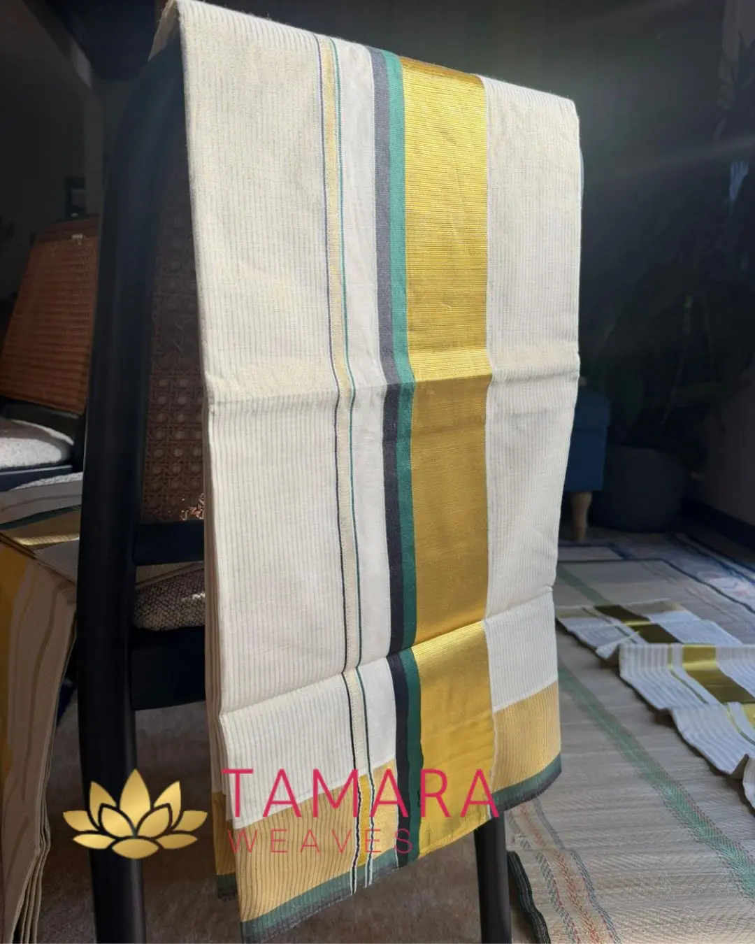 GBSTRIPE Tamara Kerala Kasavu Cotton Saree – Green & Black Kara with Gold Zari Stripes in Australia - Image 2