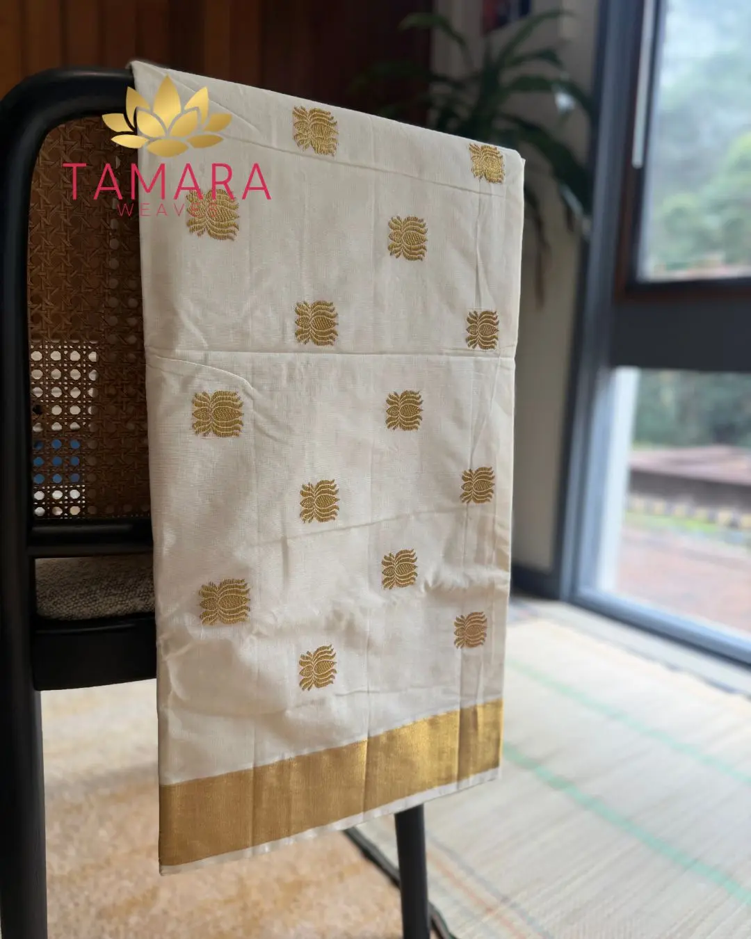 Tamara Premium handloom lotus motif cotton saree - KAMALA Gold Lotus - Image 5