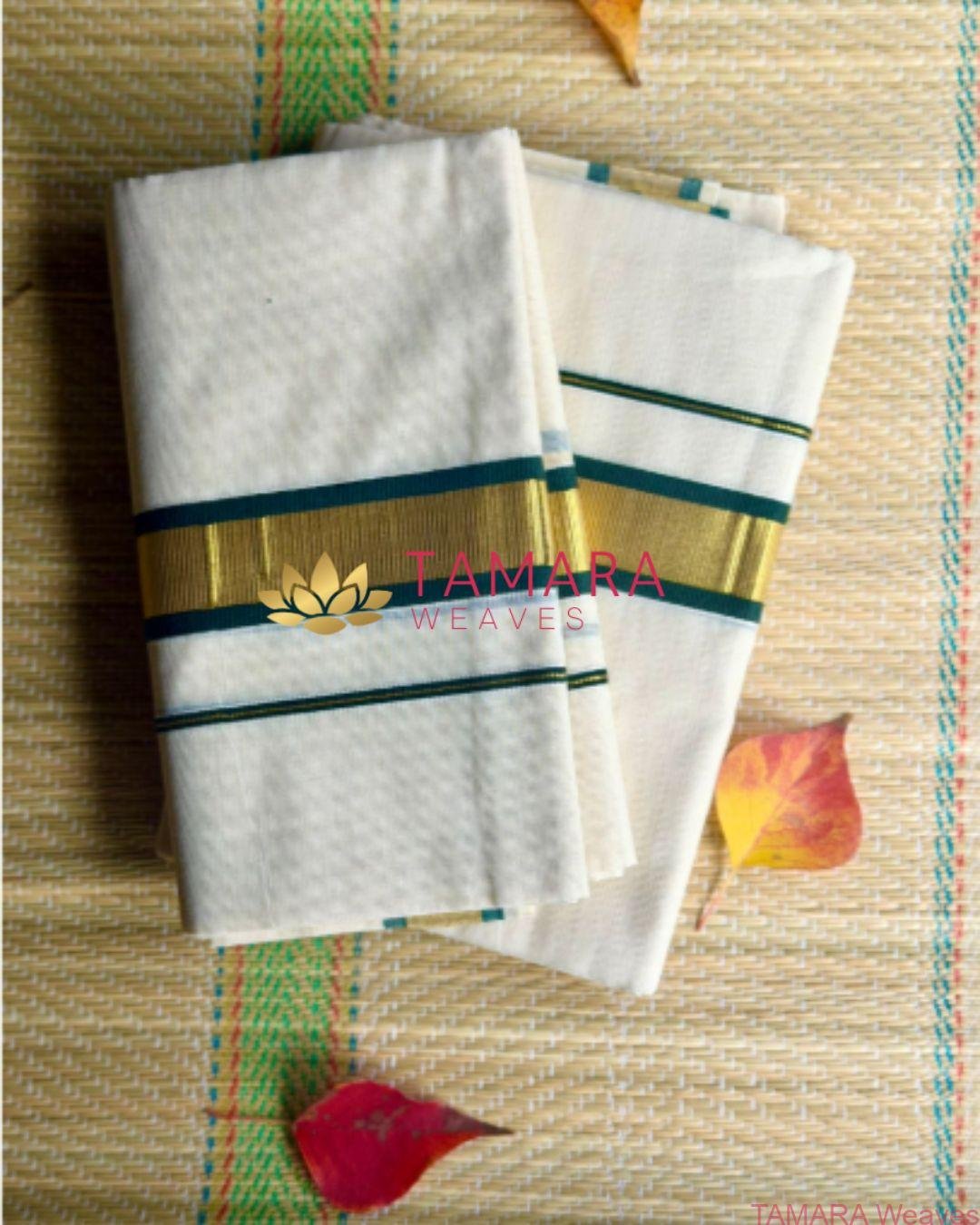 Green kara and gold kasavu set mundu in Australia - Image 2
