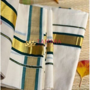 Green kara and gold kasavu set mundu in Australia