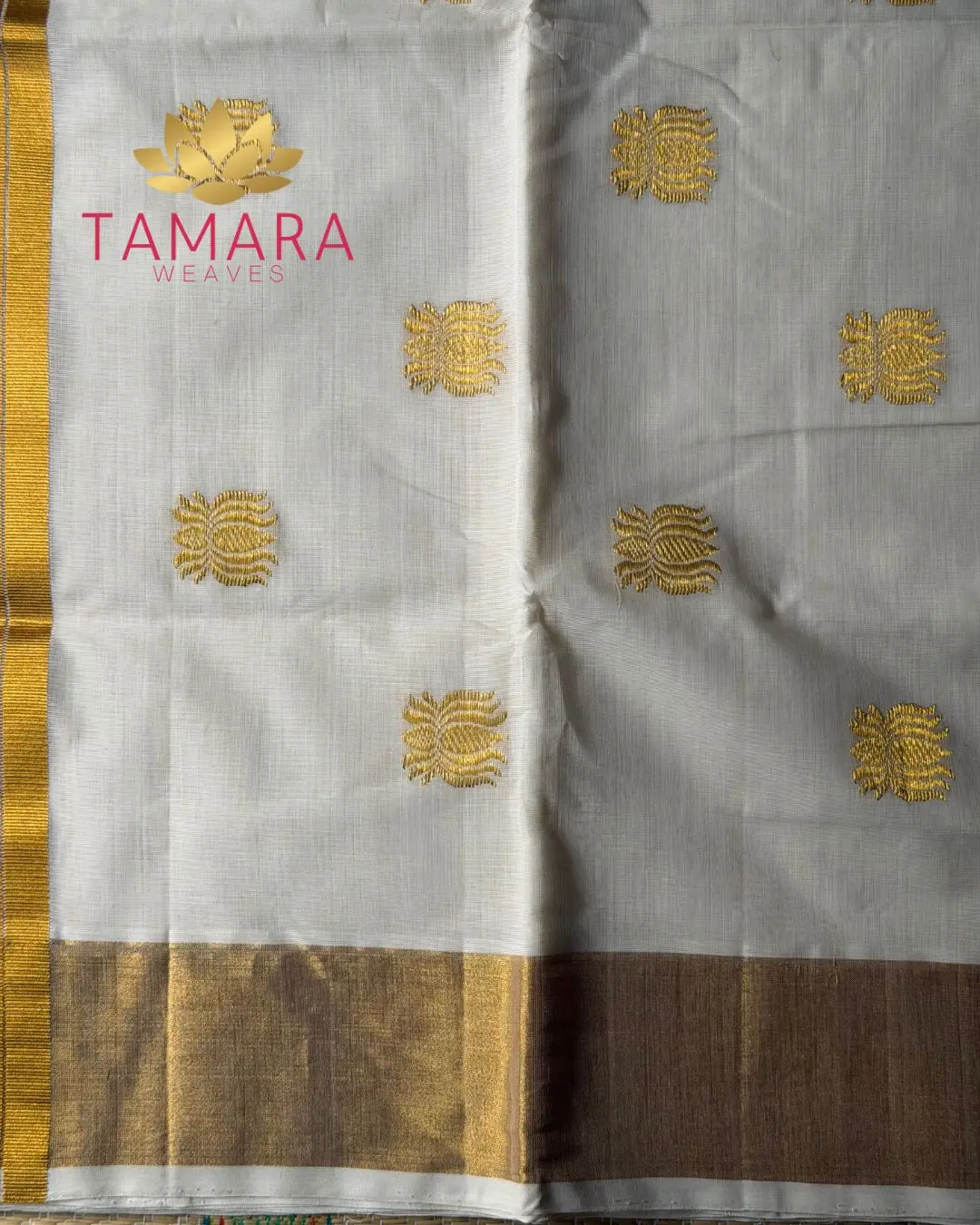 Tamara Premium handloom lotus motif cotton saree - KAMALA Gold Lotus - Image 6