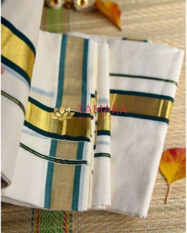 Green kara and gold kasavu set mundu in Australia