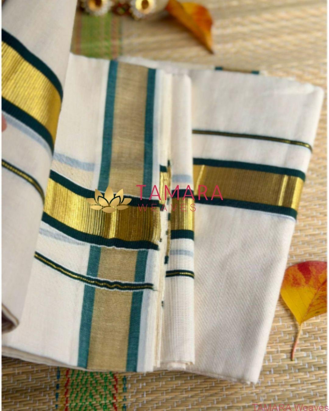 Green kara and gold kasavu set mundu in Australia