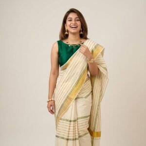 Green and gold lines mul cotton saree in Australia