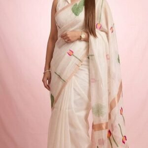 Pure Matka silk saree - Off white with lotus motifs- Pearle Maaney inspired in Australia