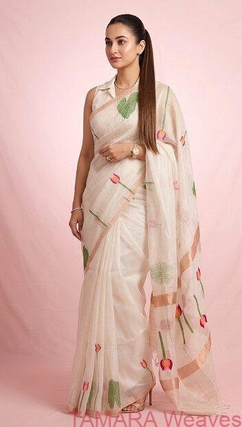 Pure Matka silk saree - Off white with lotus motifs- Pearle Maaney inspired in Australia