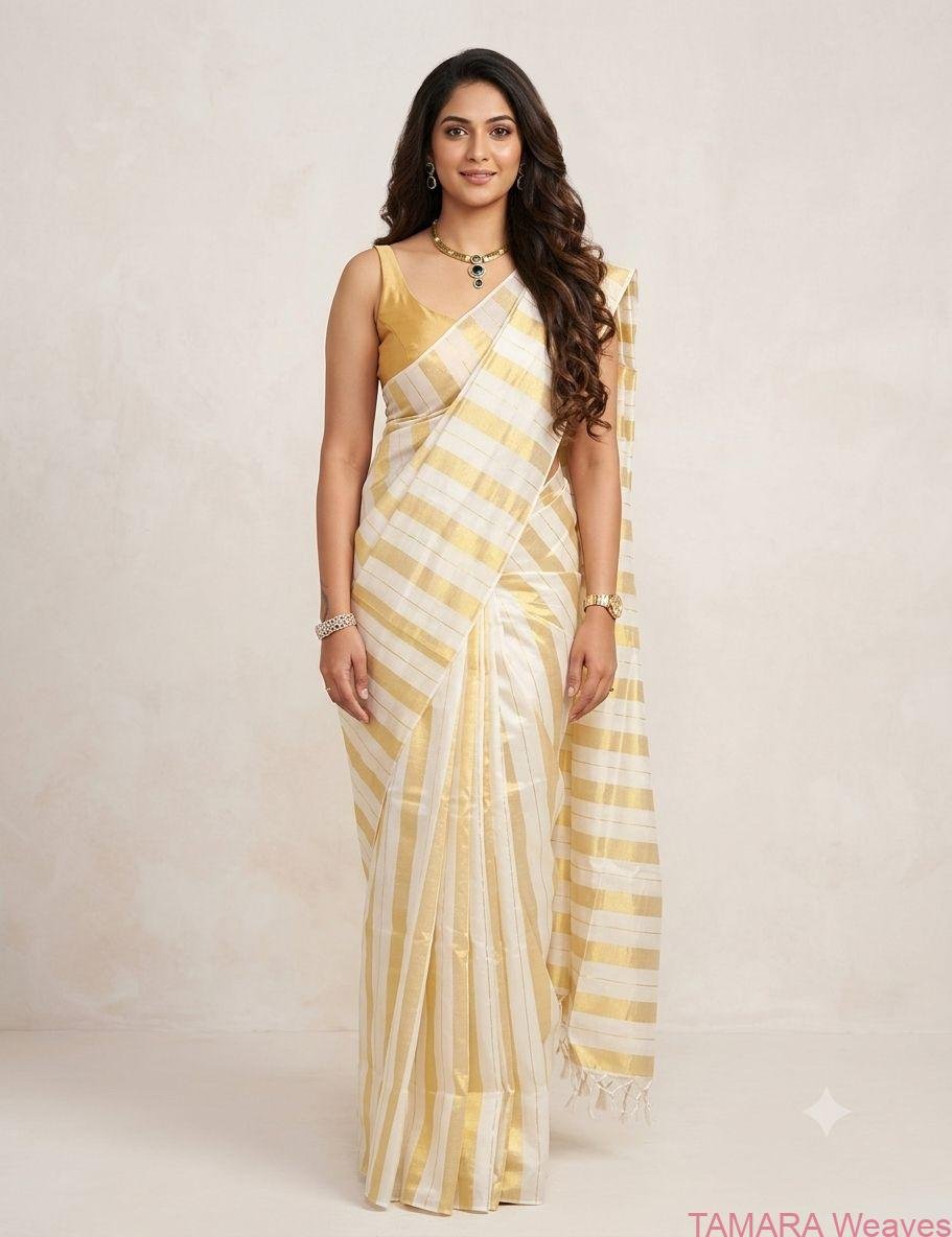 GOLDST Tamara Kerala Cotton Saree – Gold thin and thick stripes all over in Australia - Image 2