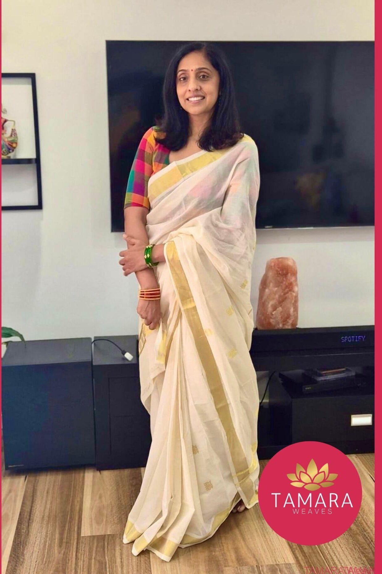 Tamara Premium handloom lotus motif cotton saree - KAMALA Gold Lotus - Image 7