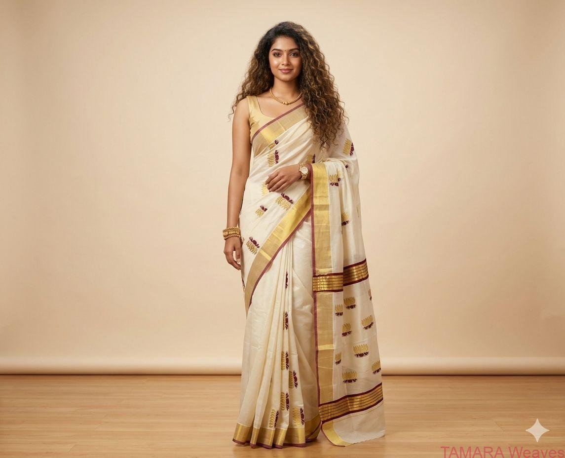 Tamara Handloom look Lotus Saree - Maroon & Gold Lotus motifs all over saree in Kerala Cotton in Australia