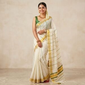 Tamara Kerala Kasavu Cotton Saree – Olive and Gold Stripes Stripes all over in Australia