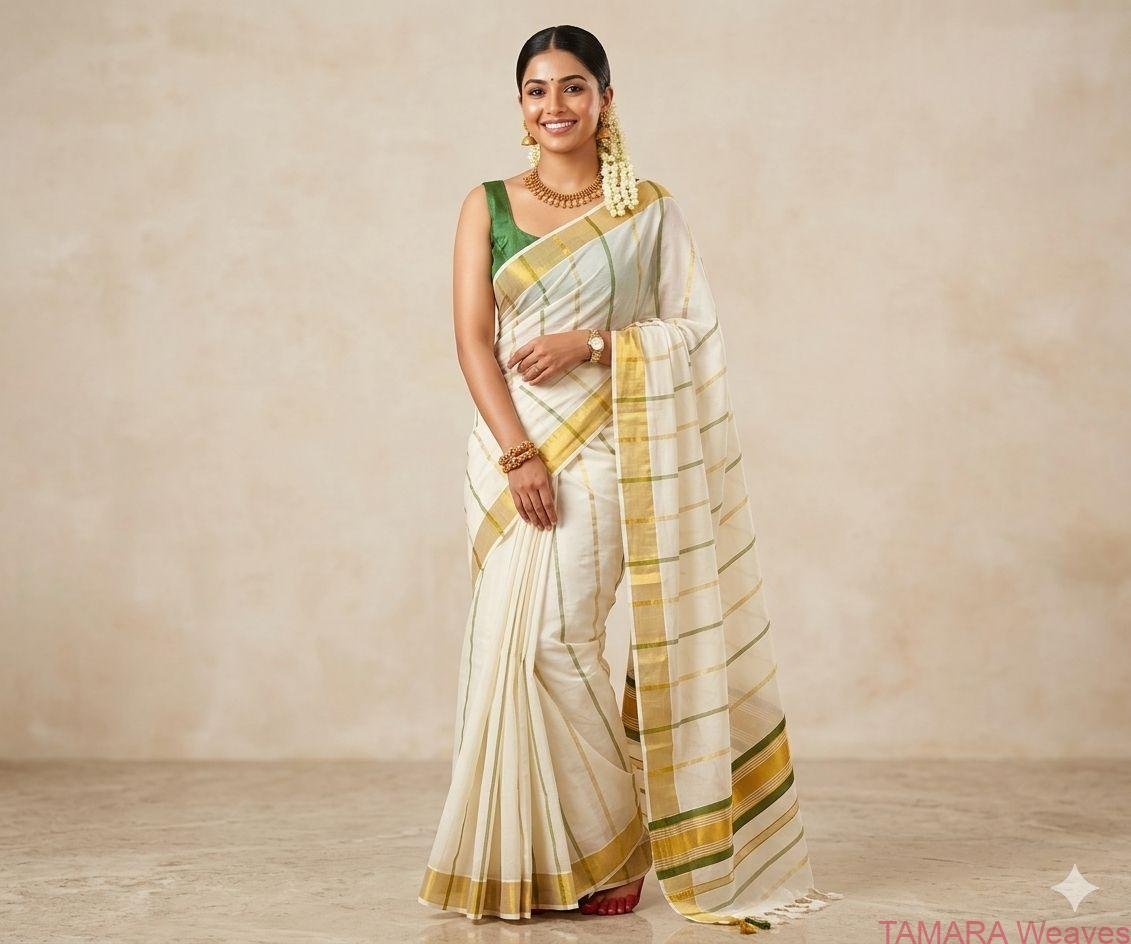 2026STRIPE Tamara Kerala Kasavu Cotton Saree – Olive and Gold Stripes Stripes all over in Australia