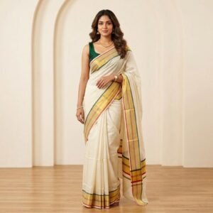 TISCHECK Tamara Handloom look Tissue checked dot Kerala cotton set saree in Maroon and green - Premium quality Powerloom