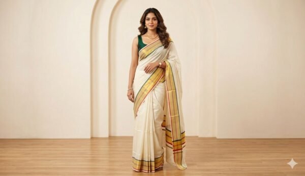 TISCHECK Tamara Handloom look Tissue checked dot Kerala cotton set saree in Maroon and green - Premium quality Powerloom