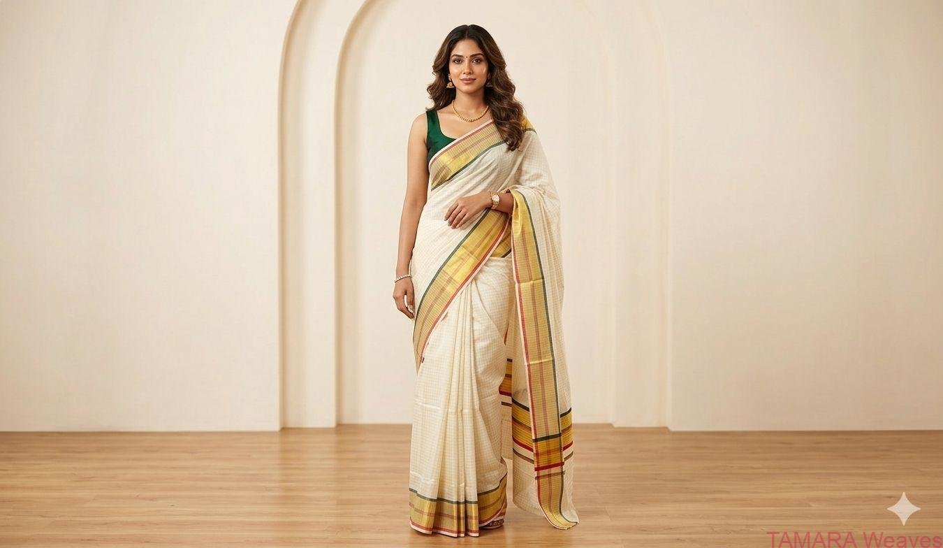 TISCHECK Tamara Handloom look Tissue checked dot Kerala cotton set saree in Maroon and green - Premium quality Powerloom