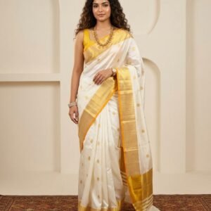 POTTU Tamara Handloom look gold polka dot Kerala cotton set saree Premium quality Powerloom