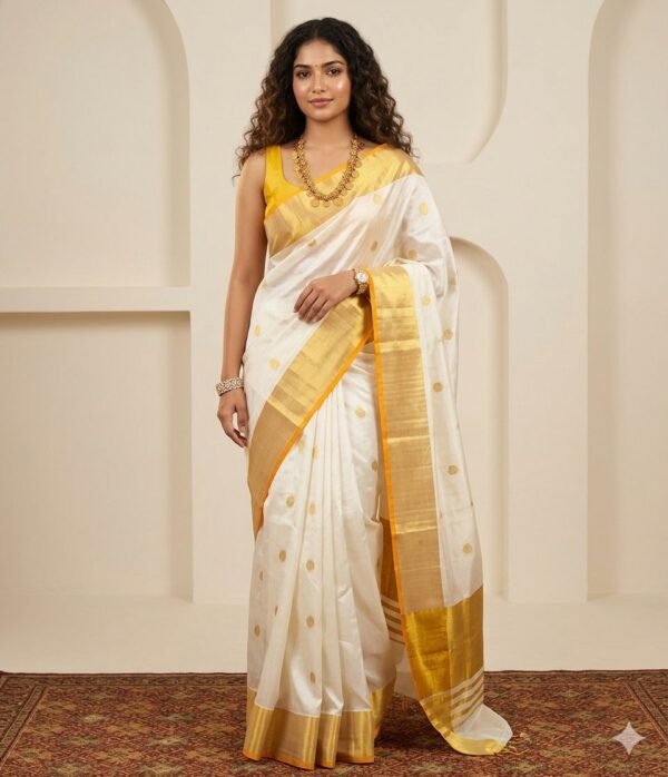 POTTU Tamara Handloom look gold polka dot Kerala cotton set saree Premium quality Powerloom