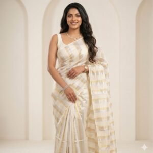 Tamara Kerala Cotton Saree – Silver and Gold Stripes Stripes all over in Australia