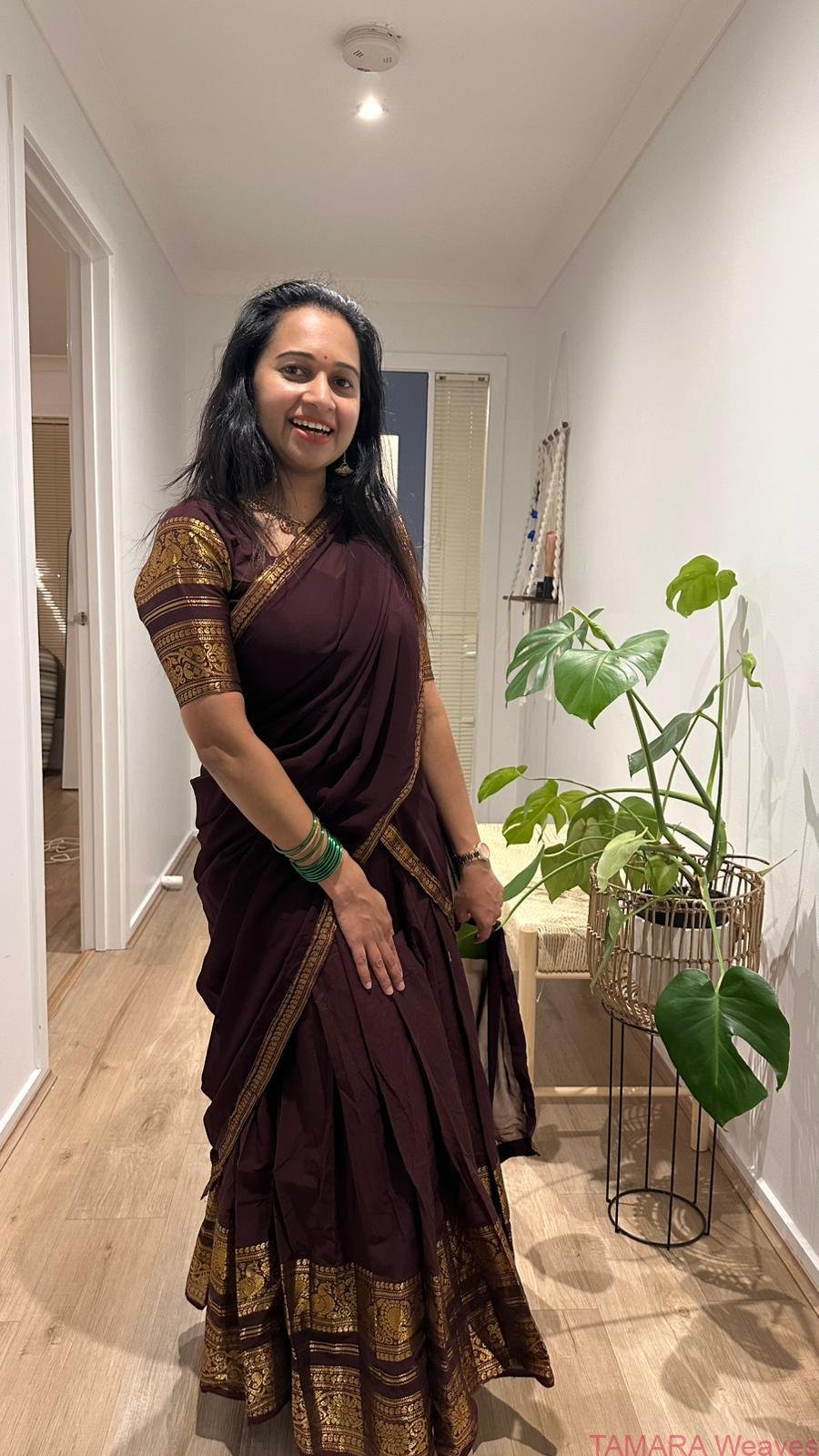 Kanchi Cotton Half Saree in Australia- COFFEE BROWN Monotone dhavani - Image 2