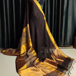 LINEN SAREE in Australia- Wide lines kasavu border - Coffee Brown