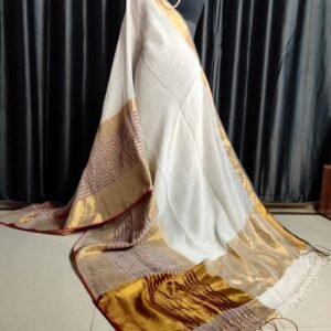 LINEN SAREE in Australia- Wide lines kasavu border - White