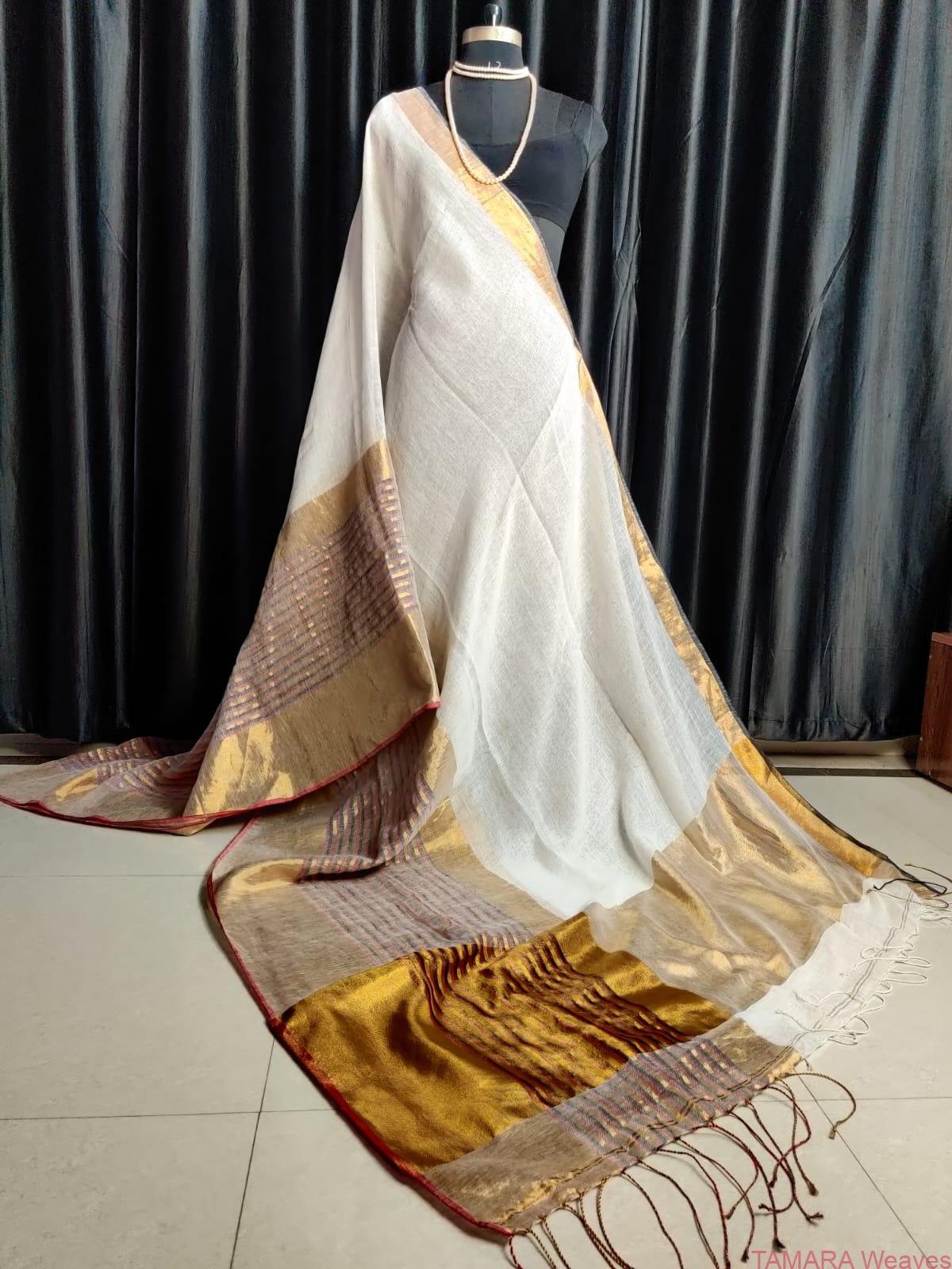 LINEN SAREE in Australia- Wide lines kasavu border - White