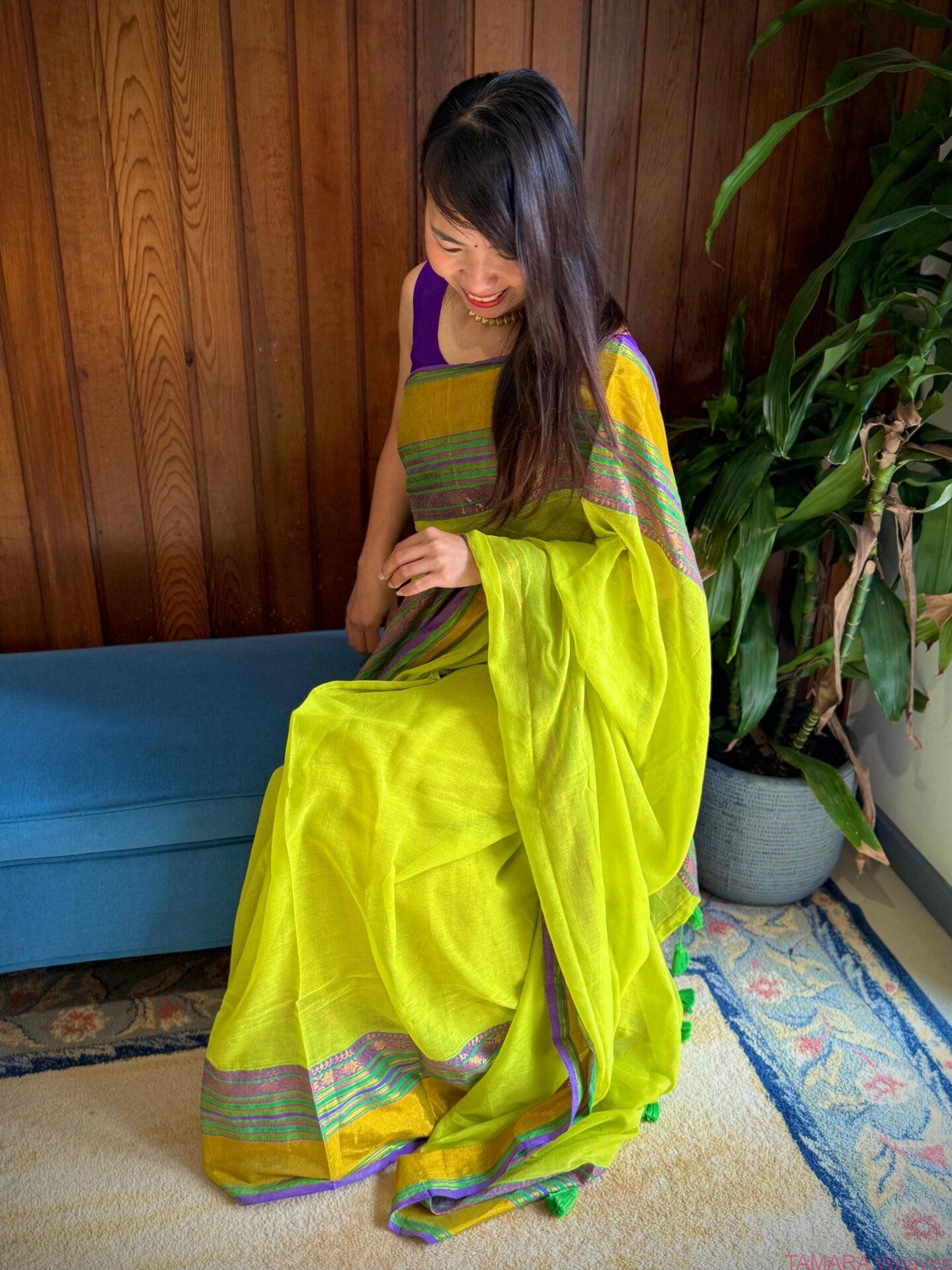 Kanchi border Mul Cotton Saree - Parrot Green, Violet - Jennifer - Image 4