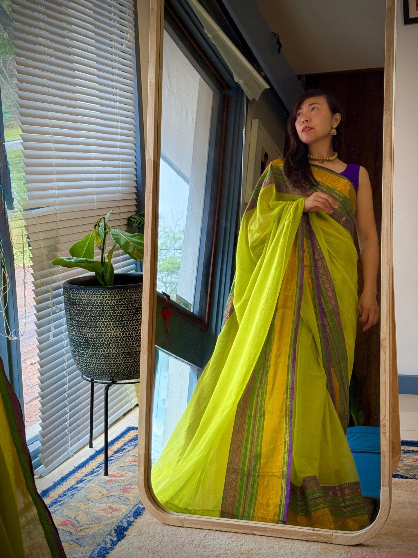 Kanchi border Mul Cotton Saree - Parrot Green, Violet - Jennifer - Image 3