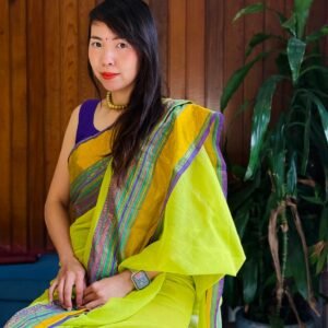Kanchi border Mul Cotton Saree - Parrot Green, Violet - Jennifer