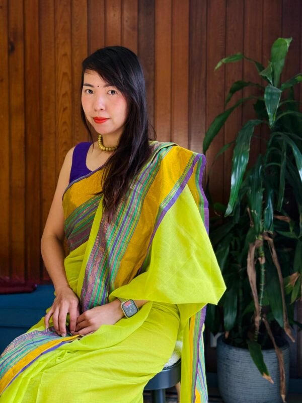 Kanchi border Mul Cotton Saree - Parrot Green, Violet - Jennifer