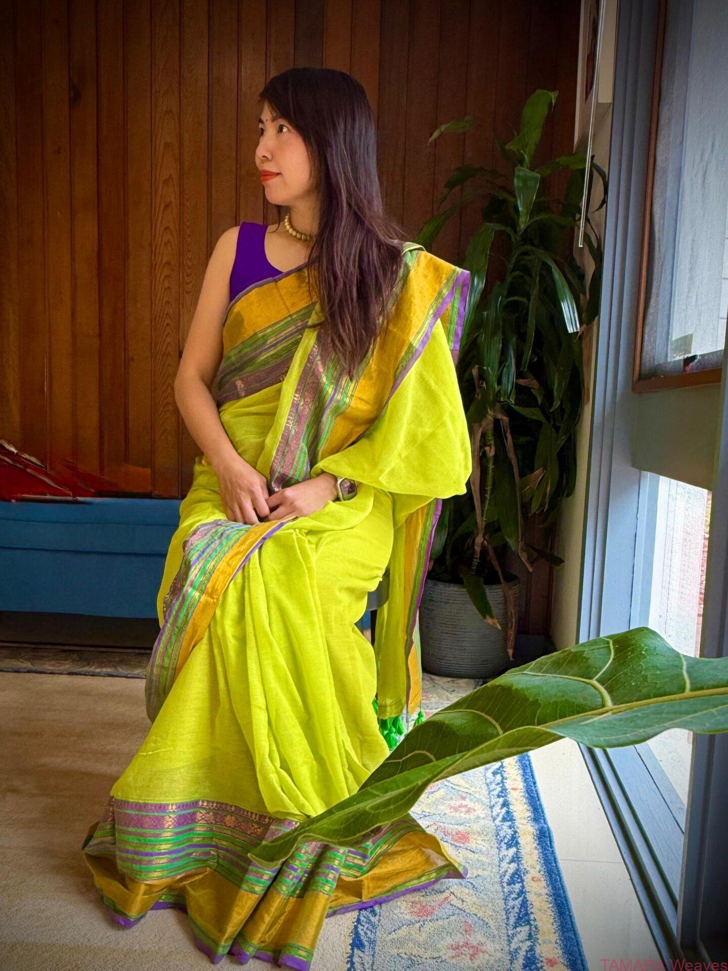 Kanchi border Mul Cotton Saree - Parrot Green, Violet - Jennifer - Image 2