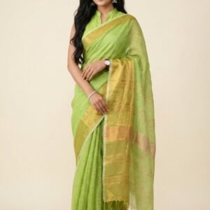 LINEN SAREE in Australia- Wide zari border - PISTA GREEN
