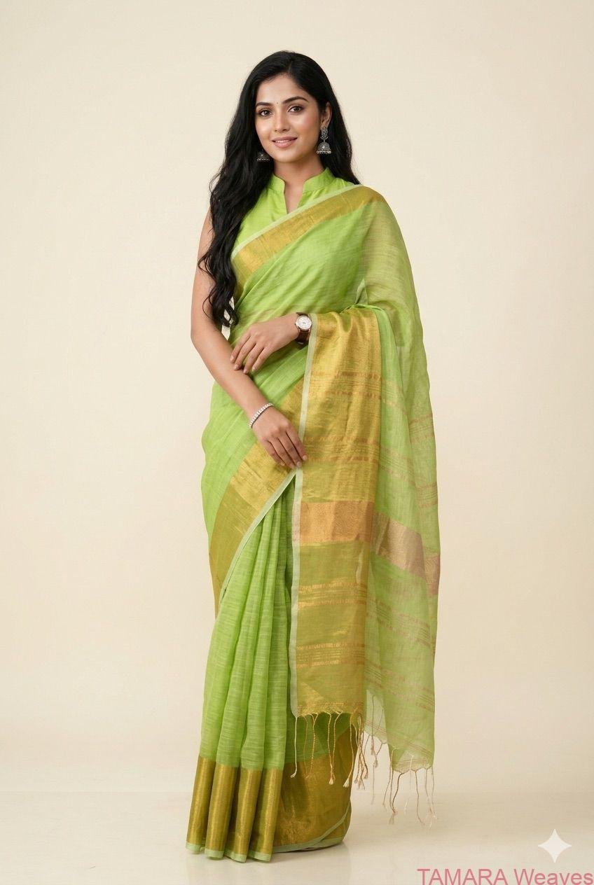 LINEN SAREE in Australia- Wide zari border - PISTA GREEN
